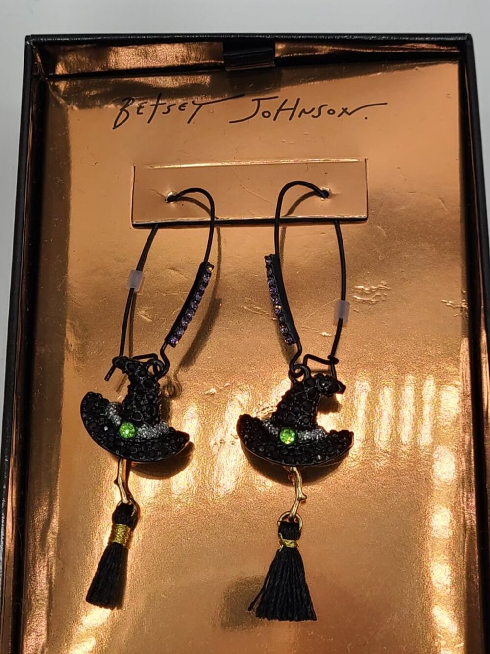 Betsey Johnson Black Witches Hat Broom Earrings NWT